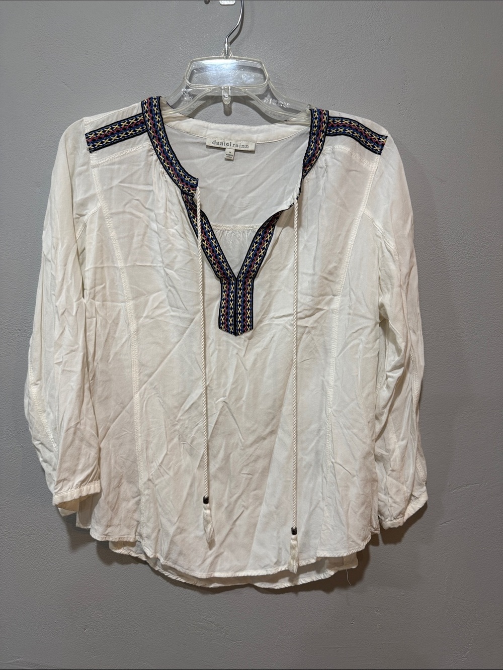 Daniel Rainn Cream Peasant Blouse Tunic Top with Navy Embroidered Trim Size Med